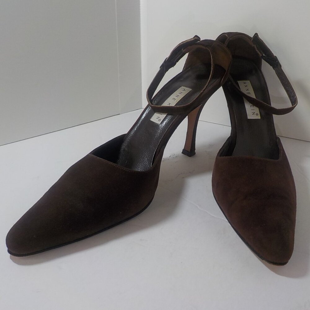 ANNE KLEIN, Brown Leather Suede Ankle Strap Pumps